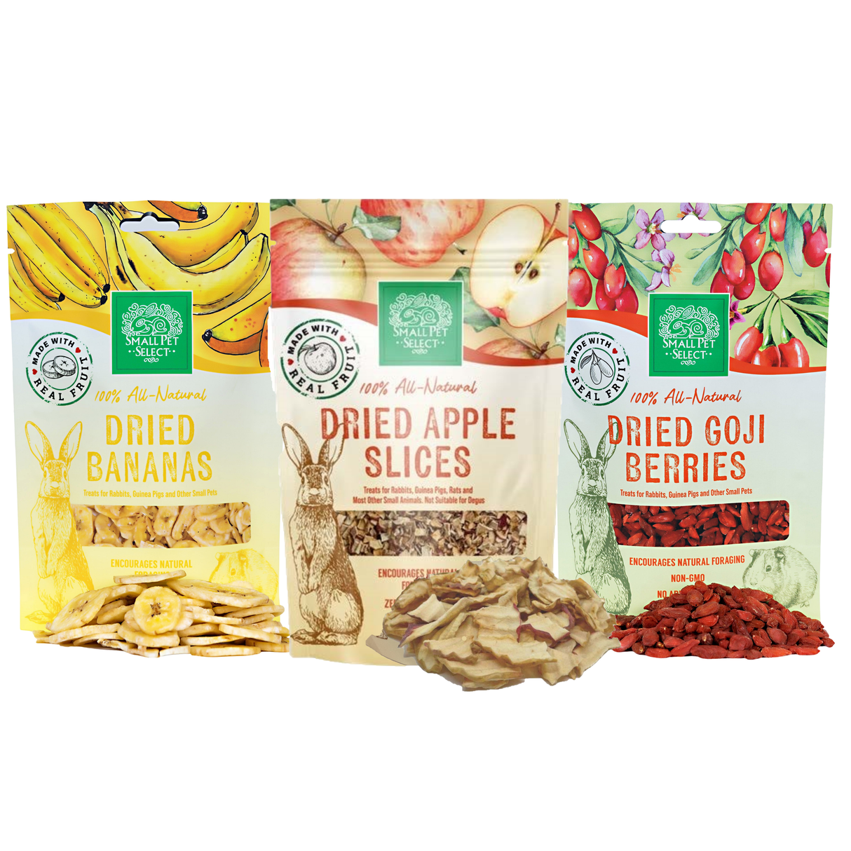 Fruit Sampler – All-Natural Goji Berries, Apple Slices & Banana Chips for Rabbits, Guinea Pigs & Small Pets - Variety Pack, No Added Sugar