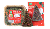 Two pet treat packages: one labeled 'Holiday Dinner Bowl' and the other 'Holiday Tree'.